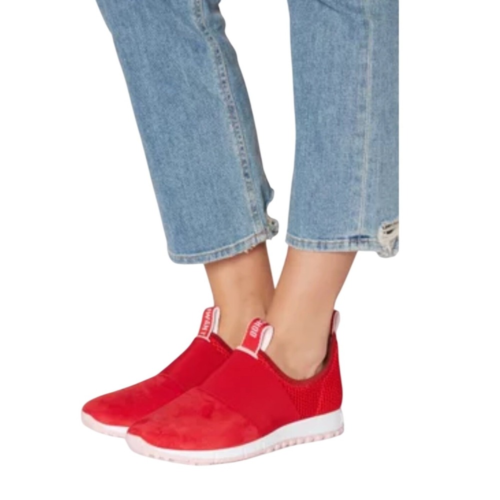 Jimmy Choo Miami Red Suede Knit Slip On Sneakers Logo Pull Tab Trainers